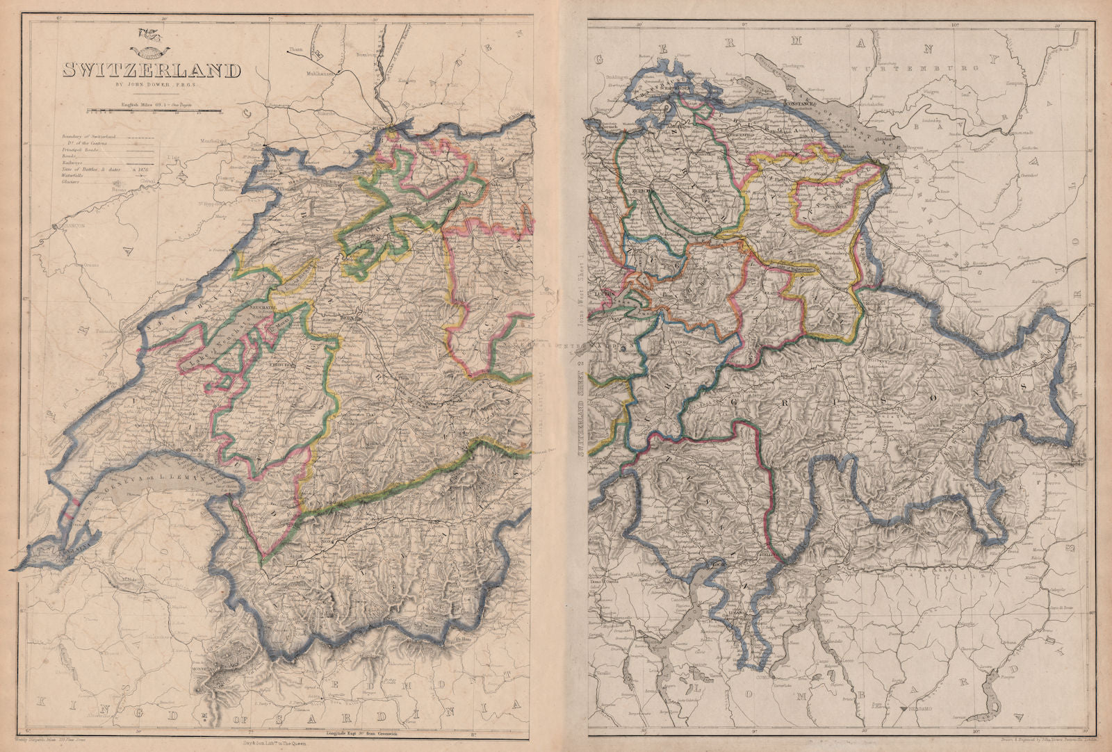 SWITZERLAND. Shows battles/dates railways. DOWER. Dispatch atlas 1862 old map